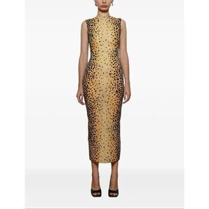 NWT Alex Perry Cheetah Sleeveless Mesh Straight Hem Midi Dress Women's 8US